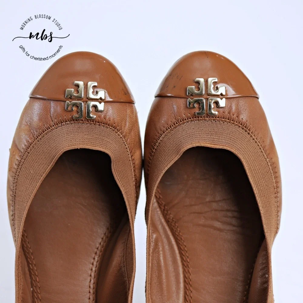 Tory Burch Jolie Cap Toe‎ Classic Preppy Leather Ballet Flats Brown Gold Women 6
